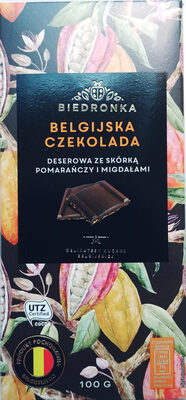 Belgijska czekolada deserowa ze skórką pomarańczy i migdałami. Biedronka