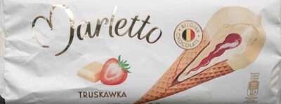 Lody o smaku waniliowym z nadzieniem truskawkowym, oblane białą belgijską czekoladą, w rożku waflowym Marletto